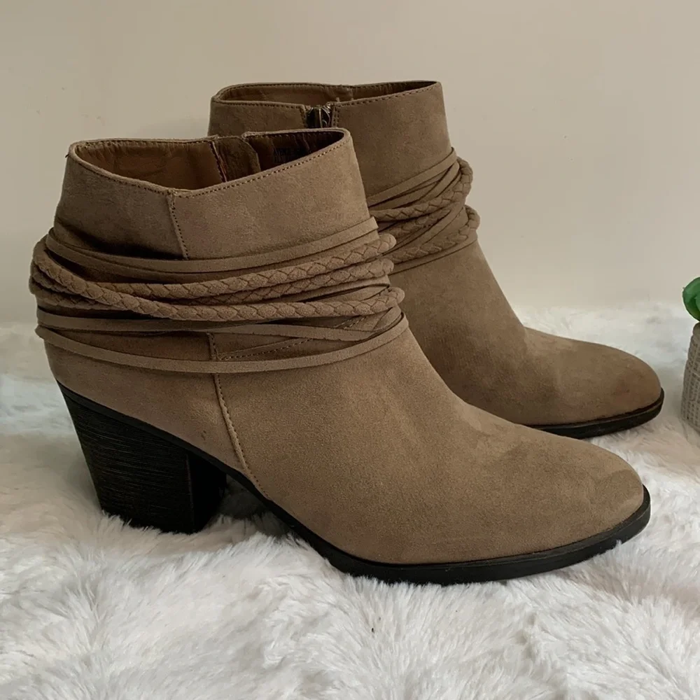 BAMBOO braided accent faux suede western heeled booties ankle boots